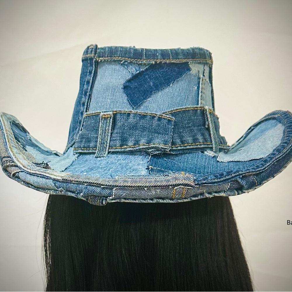 Levi’s Denim Cowboy Hat | Unisex Western Patchwork | Optional Rhinestone Stars - Picture 4 of 8